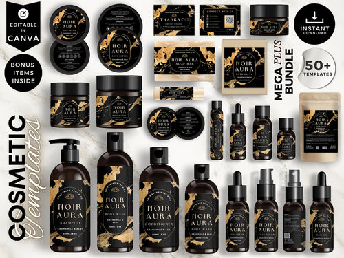 Luxury Black & Gold Cosmetic Label Templates Bundle – Editable Canva Product Label Designs