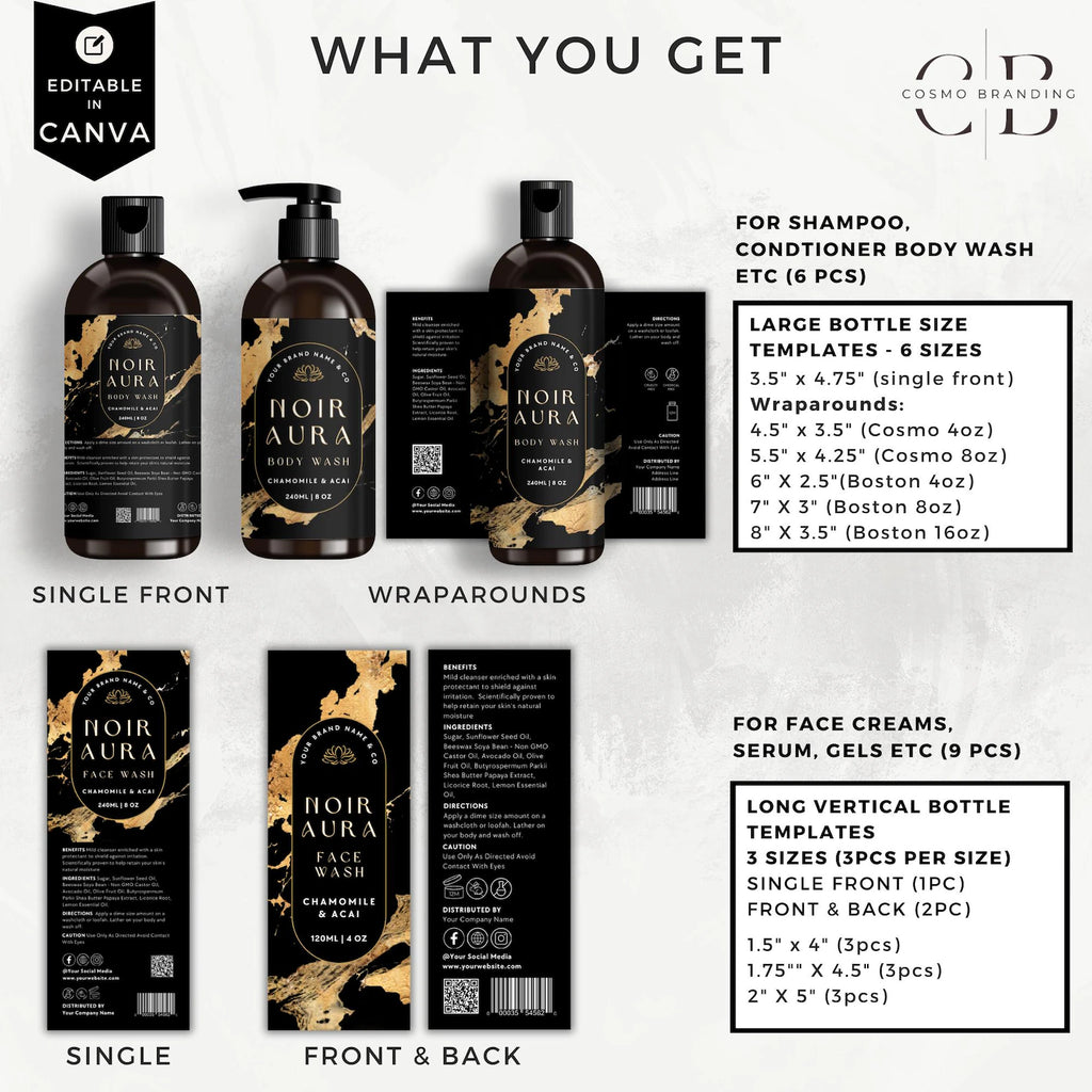 Luxury Black & Gold Cosmetic Label Templates Bundle – Editable Canva Product Label Designs